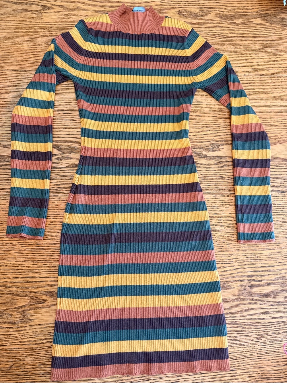 Derek Heart Striped Rib-Knit Turtleneck Dress in Mustard, Teal & Rust